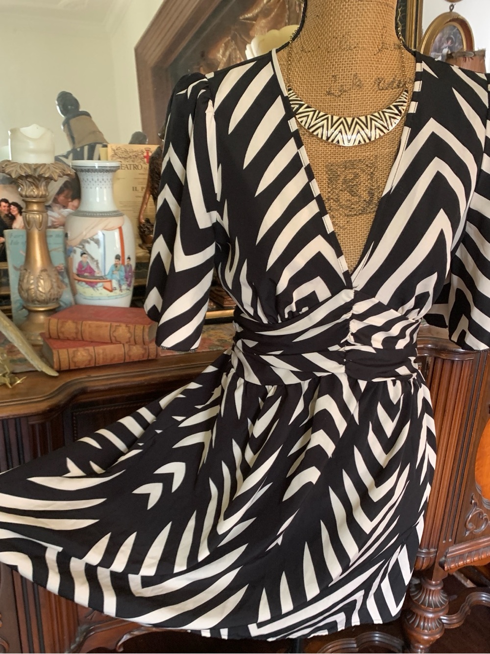 Vintage Beige & Black Safari-inspired Chevron Boho Pin-up Rockabilly Mini Dress